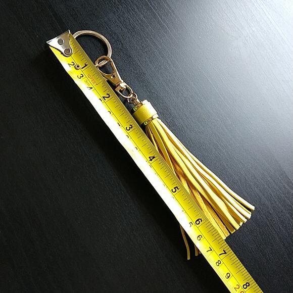 Faux Leather Yellow Tassel Keychain gold tone hardware spring hook clip 4" - Picture 7 of 7